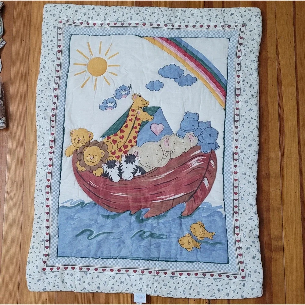 Nojo Noahs Ark Animals Blanket Comforter Crib Set Double Sided Nursery Mobile